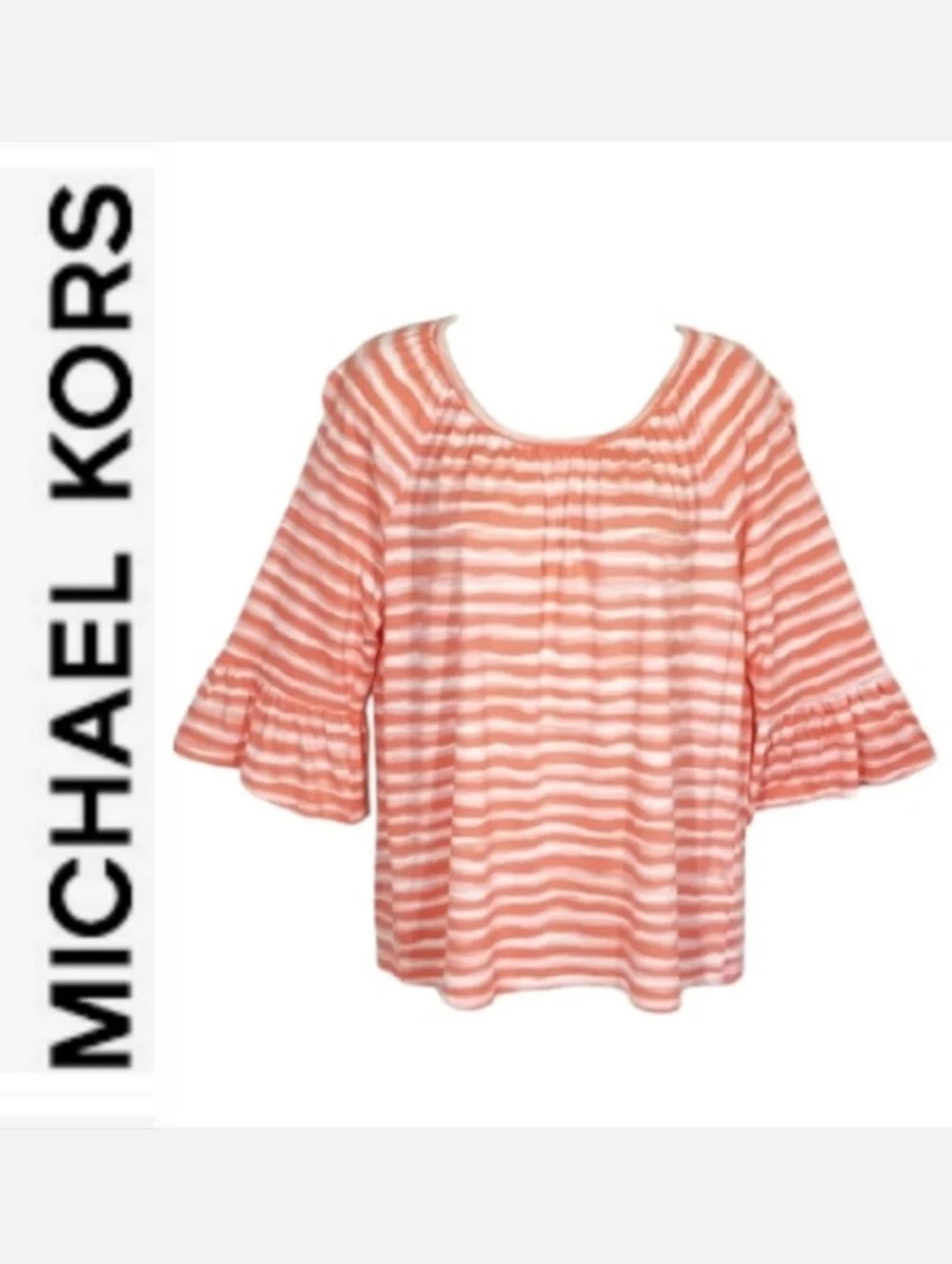 Michael Michael Kors Scoop Neck Ruffle Sleeve Top Coral & White Stripe Sz M